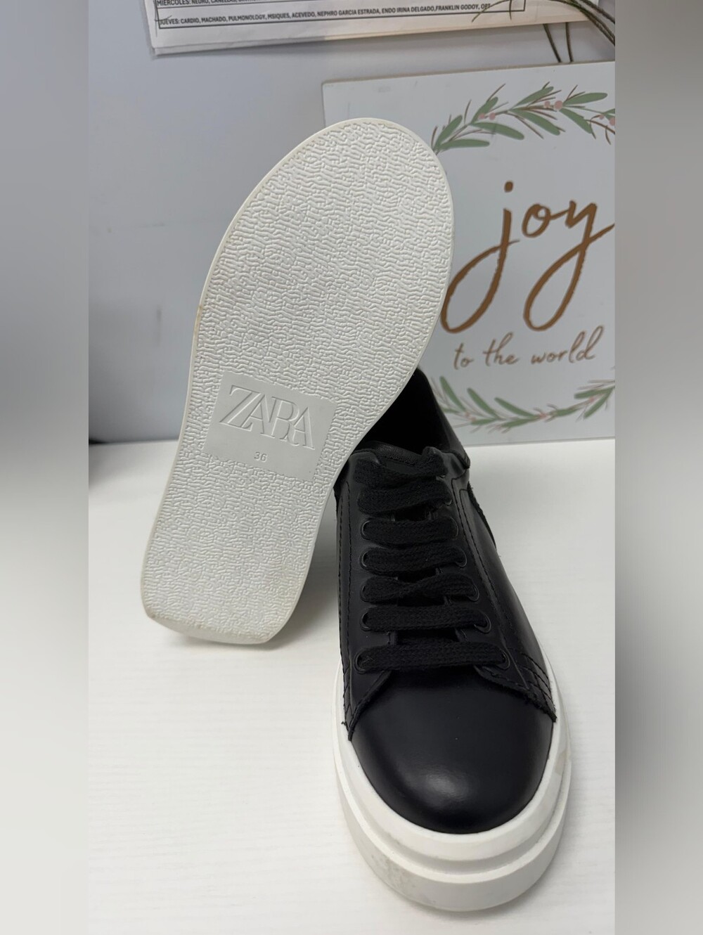 NEW Zara Black Leather Platform Sneakers with White Sole SIZE 6